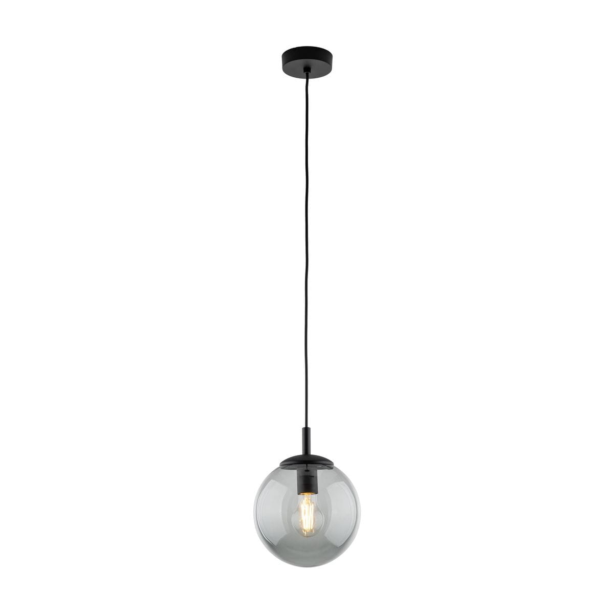 Lampa wisząca Esme D25 z oprawą w kolorze czarnym i grafitowym, z przezroczystą szklaną kulą. Zawieszona na cienkim kablu, z widoczną żarówką E27. Prosta forma, idealna do nowoczesnych wnętrz.