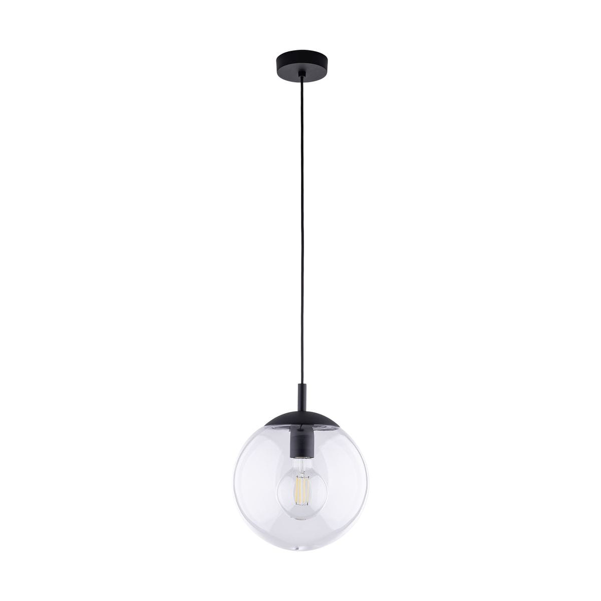 Lampa wisząca Esme D25 z oprawą w kolorze czarnym i transparentnym kloszem, zawieszona na cienkim przewodzie. Kształt kulisty, z widoczną żarówką E27 wewnątrz. Ujęcie frontalne, na białym tle.