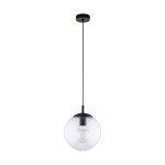 Lampa wisząca Esme D25 z oprawą w kolorze czarnym i transparentnym kloszem, zawieszona na cienkim przewodzie. Kształt kulisty, z widoczną żarówką E27 wewnątrz. Ujęcie frontalne, na białym tle.