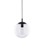 Lampa wisząca Esme D25 z oprawą w kolorze czarnym i transparentnym kloszem, zawieszona na cienkim przewodzie. Wnętrze klosza wypełnia żarówka E27, widoczna przez szklany materiał. Kształt okrągły, minimalistyczny design.