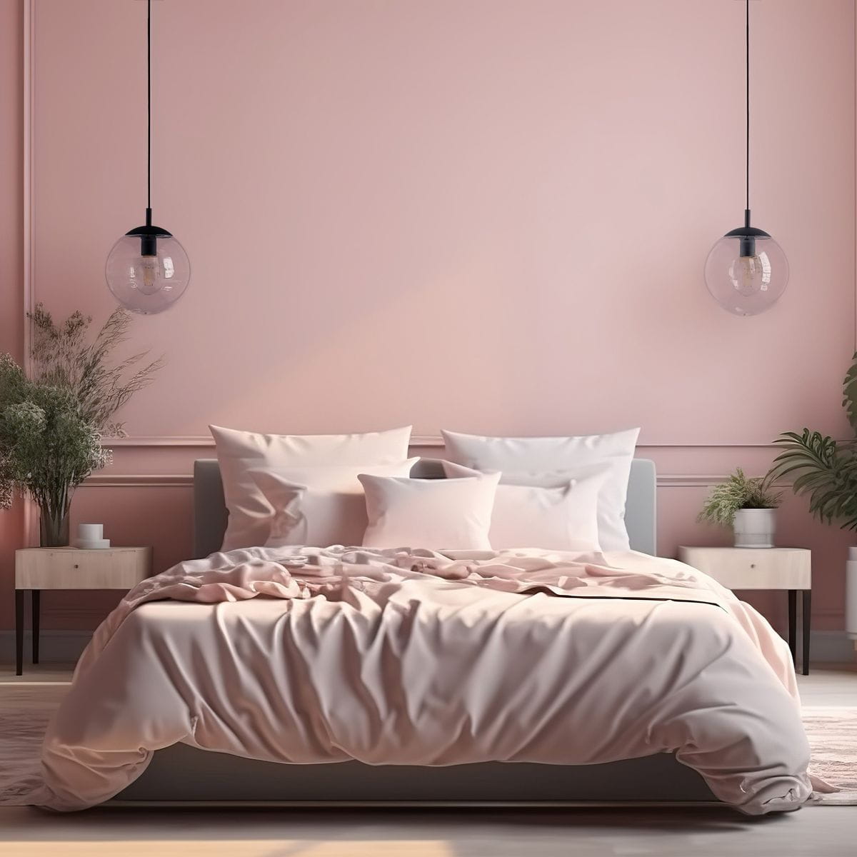 Lampa wisząca Esme D25 o czarnej oprawie i transparentnym kloszu w kształcie kuli, zawieszona nad łóżkiem w pastelowym wnętrzu. Tło w kolorze różowym, obok widoczne rośliny i minimalistyczne meble.