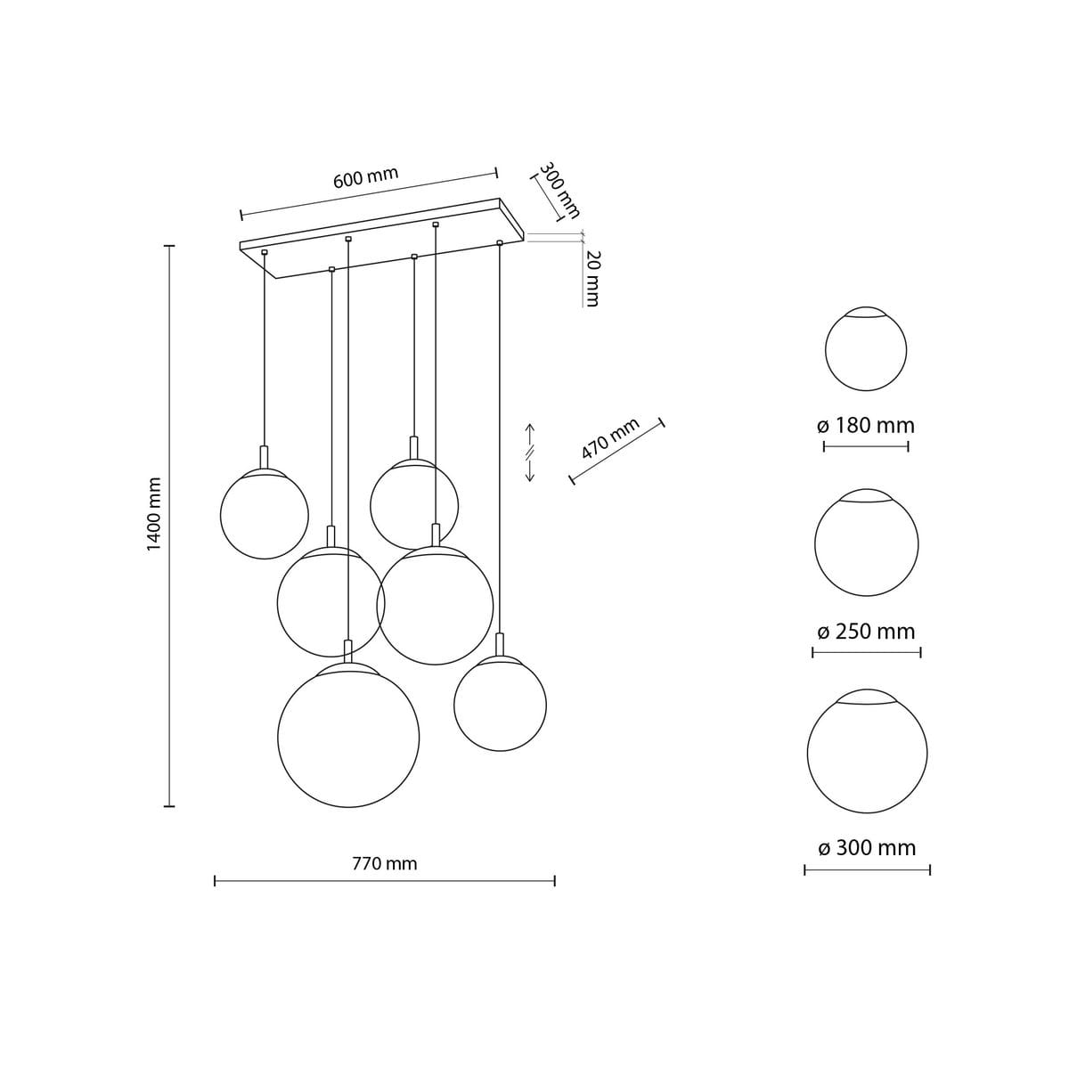 Lampa wisząca Esme w kolorze czarnym i białym, z sześcioma kulistymi kloszami o różnych średnicach (Ø 180 mm, Ø 250 mm, Ø 300 mm). Wymiary: szerokość 600 mm, długość zwisu 1400 mm, wysokość kloszy 470 mm. Montaż sufitowy, minimalistyczny design.