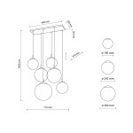Lampa wisząca Esme w kolorze czarnym i białym, z sześcioma kulistymi kloszami o różnych średnicach (Ø 180 mm, Ø 250 mm, Ø 300 mm). Wymiary: szerokość 600 mm, długość zwisu 1400 mm, wysokość kloszy 470 mm. Montaż sufitowy, minimalistyczny design.