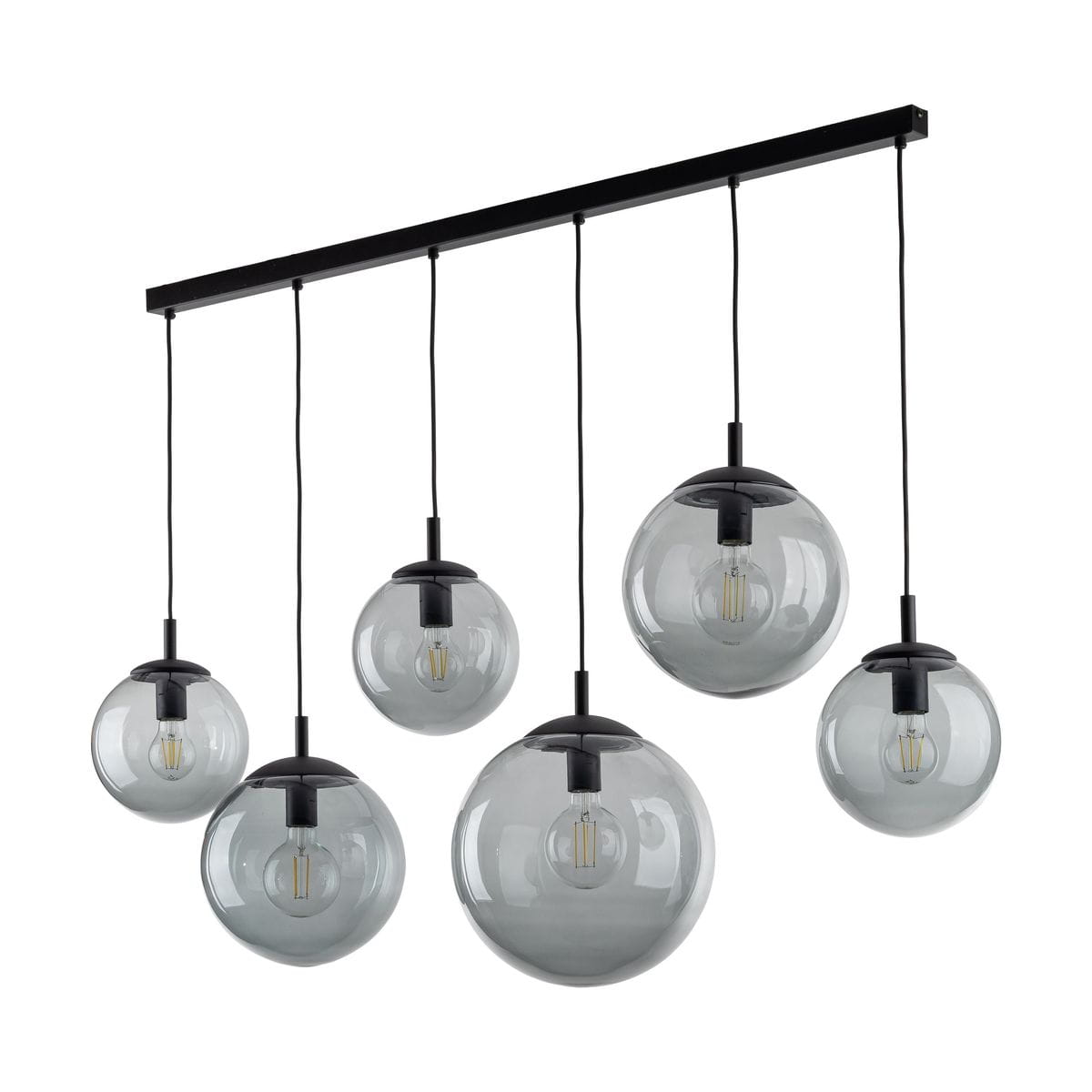 Lampa wisząca Esme z sześcioma kulistymi, szklanymi kloszami w odcieniu grafitowym, zawieszona na czarnej listwie. Klosze mają czarne mocowania, a żarówki E27 są widoczne w środku, tworząc nowoczesny design.
