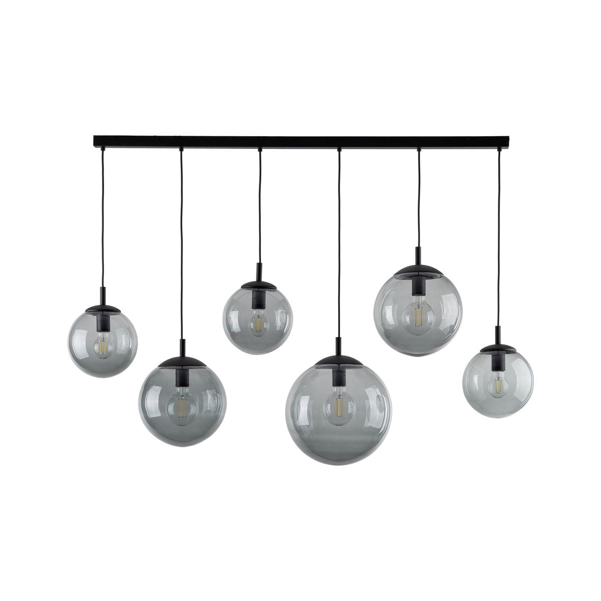 Lampa wisząca Esme z sześcioma kulistymi kloszami w kolorze grafitowym, zawieszona na czarnej belce. Klosze mają przezroczyste, lekko przyciemnione szkło, a każdy z nich mieści żarówkę E27. Całość prezentuje nowoczesny design.