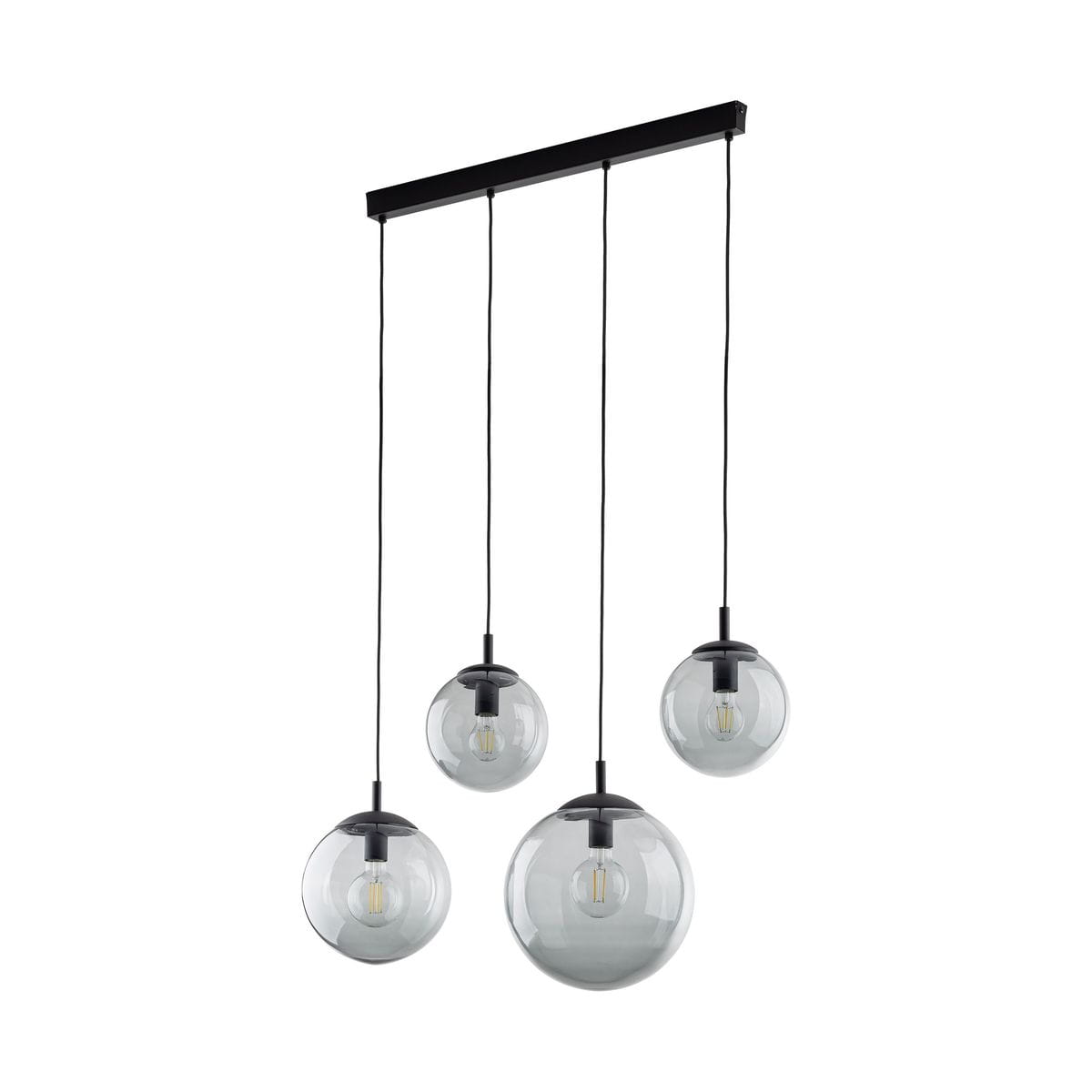 Lampa wisząca Esme z czterema szklanymi kulami na czarnym, metalowym stelażu. Wisi na długich przewodach, prezentując elegancki, nowoczesny design. Każda kula ma mocowanie E27, kolor czarny/grafitowy.