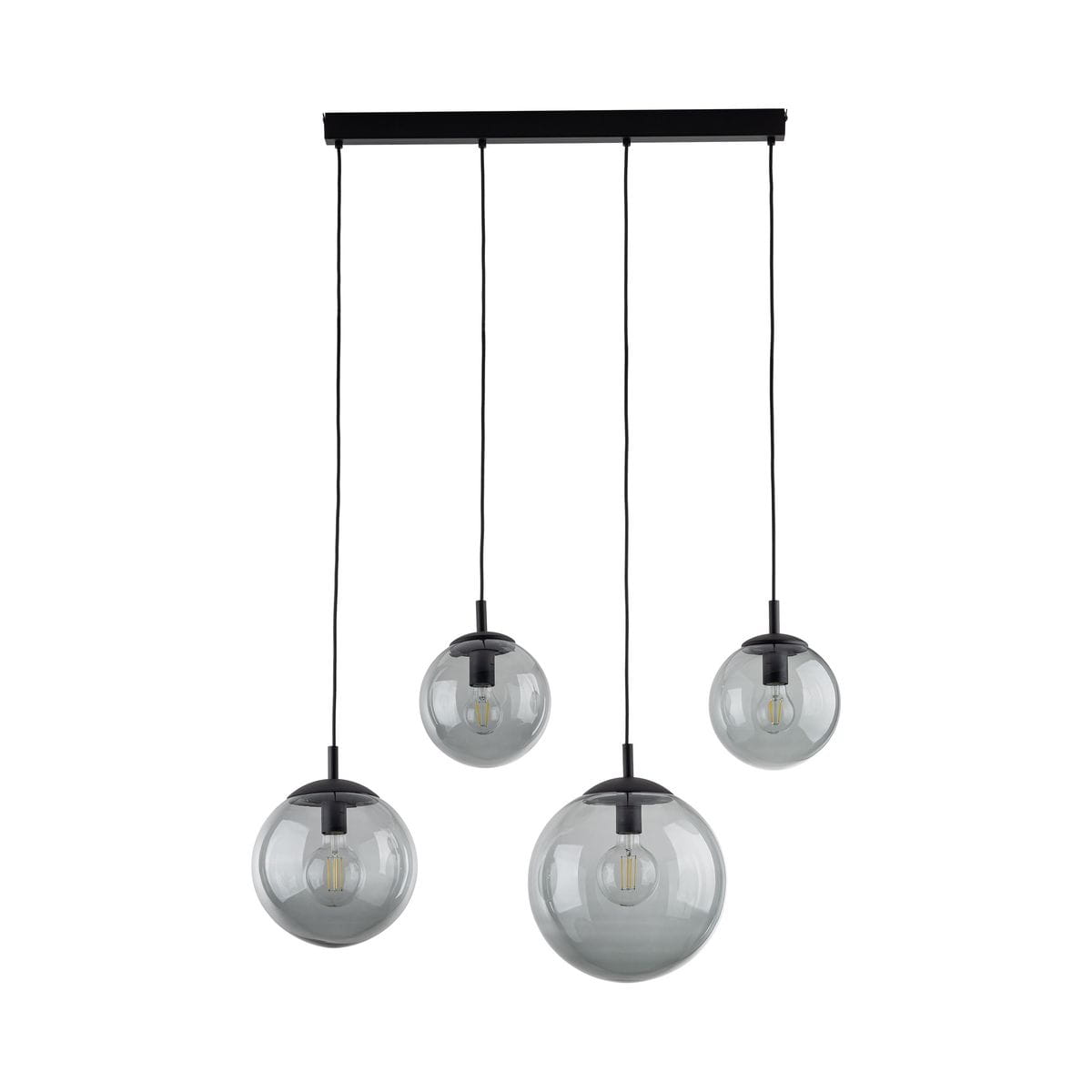 Lampa wisząca Esme 4xE27 w kolorze czarnym i grafitowym z czterema szklanymi kulami. Kule wiszą na czarnych przewodach, zawieszone pod prostokątnym stelażem. Idealna do nowoczesnych wnętrz.