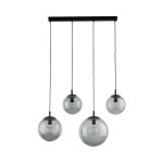 Lampa wisząca Esme 4xE27 w kolorze czarnym i grafitowym z czterema szklanymi kulami. Kule wiszą na czarnych przewodach, zawieszone pod prostokątnym stelażem. Idealna do nowoczesnych wnętrz.