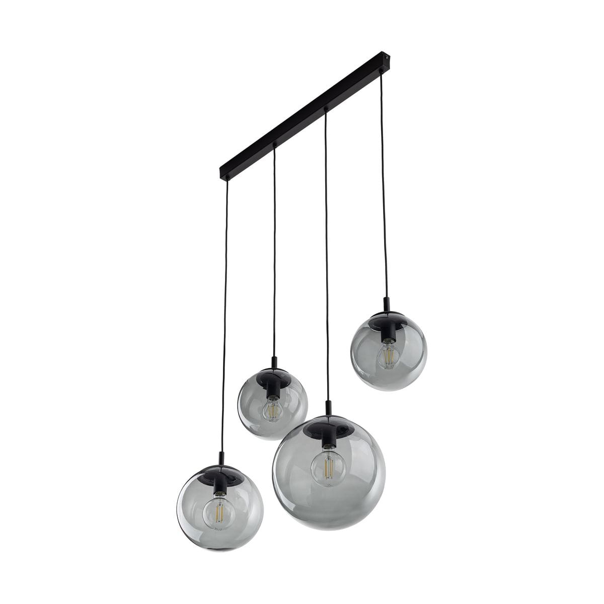 Lampa wisząca Esme 4xE27 w kolorze czarnym i grafitowym, z czterema szklanymi kloszami w formie kul, zwisającymi na czarnych przewodach z metalowym mocowaniem. Klosze mają przezroczyste, lekko przyciemnione szkło, eksponujące źródła światła.