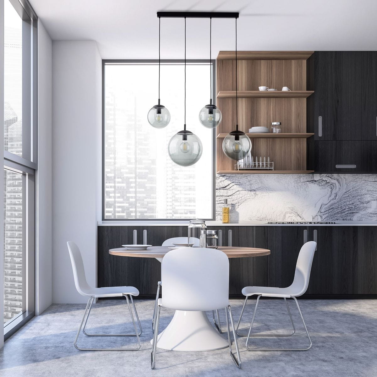 Lampa wisząca Esme 4xE27 w kolorze czarnym i grafitowym, zawieszona na trzech linkach, z czterema szklanymi kloszami w kształcie kul. Elementy metalowe w matowym wykończeniu, umieszczona nad okrągłym stołem w nowoczesnej kuchni.