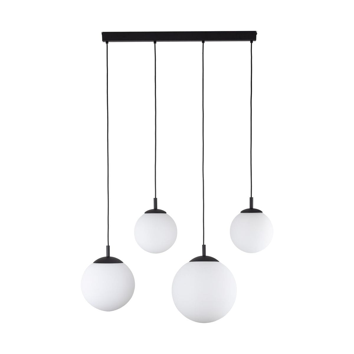 Lampa wisząca Esme w kolorze czarnym i białym z czterema kulistymi kloszami z mlecznego szkła. Klosze zawieszone na cienkich linkach, umieszczone na prostokątnej, czarnej podstawie. Idealna do nowoczesnych wnętrz.