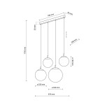 Lampa wisząca Esme z czterema kulistymi kloszami, w kolorze czarno-białym. Wymiary: długość 870 mm, wysokość 1750 mm, średnica kloszy 250 mm i 300 mm. Montaż na suficie, z regulowanymi przewodami.