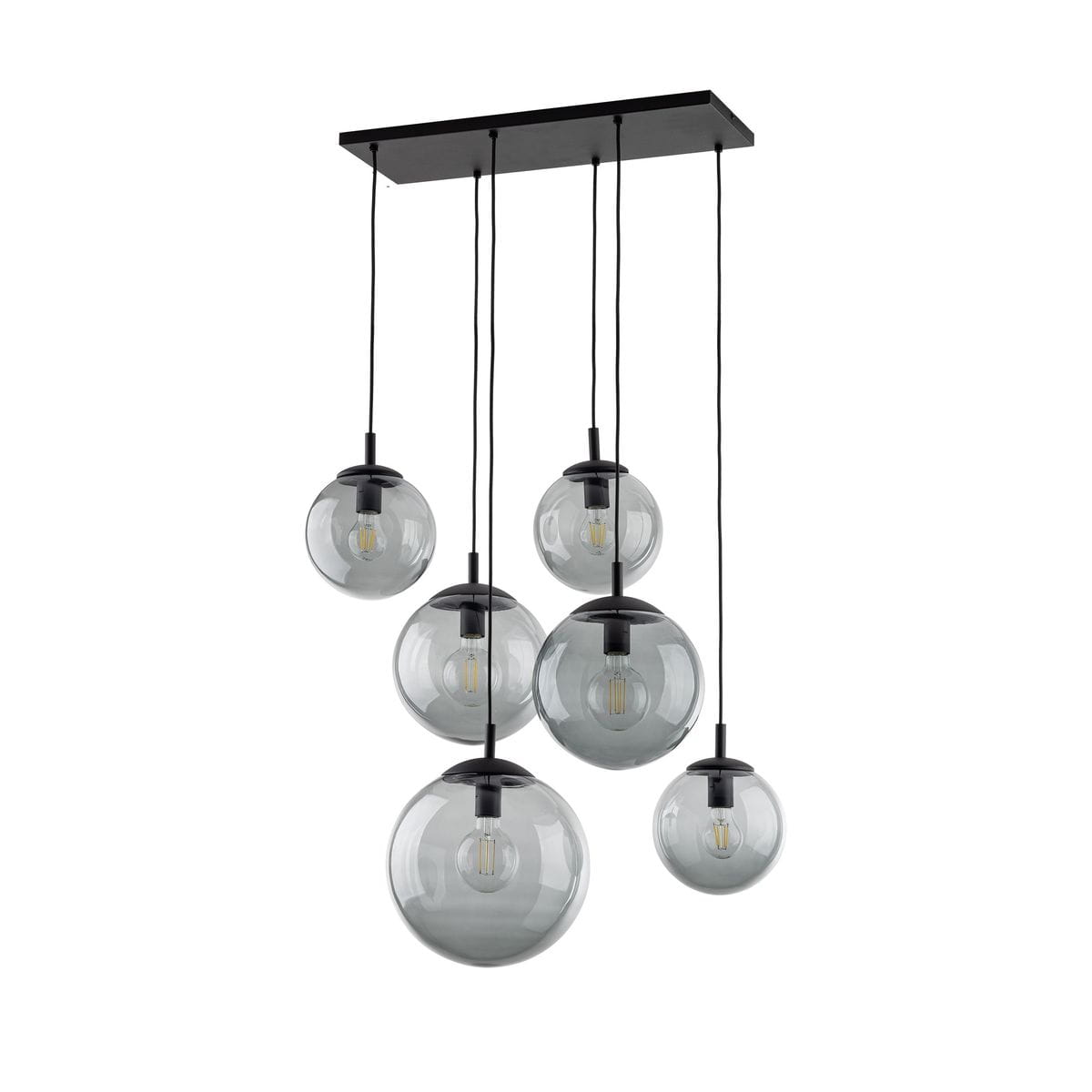 Lampa wisząca Esme z sześcioma kulistymi kloszami w odcieniach czerni i grafitu. Klosze mają przezroczyste szkło, zawieszone na czarnych linkach. Montaż sufitowy z prostokątną podstawą. Idealna do nowoczesnych wnętrz.