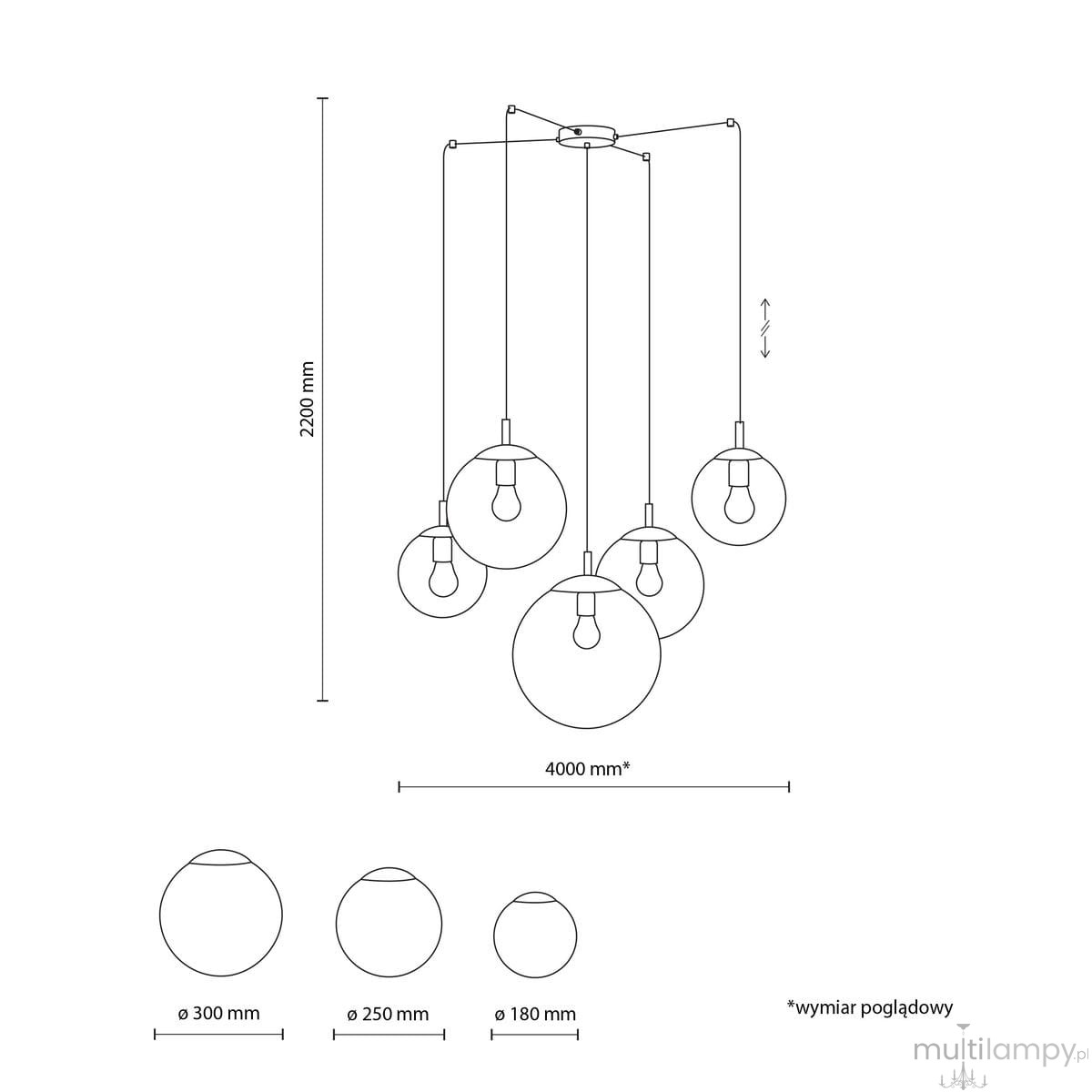 Lampa wisząca Esme z pięcioma oprawami E27 w kolorze czarnym i multikolorowym. Produkt zawieszony na długich linkach, z różnymi średnicami kul (180 mm, 250 mm, 300 mm), prezentujący nowoczesny, minimalistyczny design.