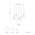 Lampa wisząca Esme z pięcioma oprawami E27 w kolorze czarnym i multikolorowym. Produkt zawieszony na długich linkach, z różnymi średnicami kul (180 mm, 250 mm, 300 mm), prezentujący nowoczesny, minimalistyczny design.