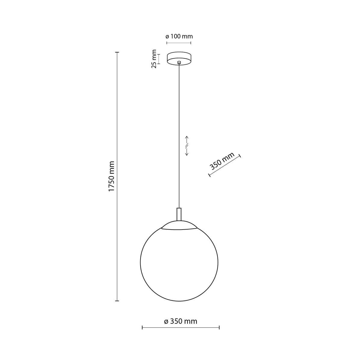 Lampa wisząca Esme D35 z czarnym metalowym uchwytem i białą, szklaną kulą o średnicy 350 mm. Długość zwisu wynosi 1750 mm, a mocowanie ma średnicę 100 mm. Idealna do nowoczesnych wnętrz.