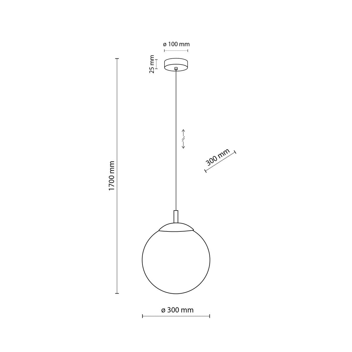 Lampa wisząca Esme D30 w kolorze czarnym i białym, z okrągłym kloszem o średnicy 300 mm, zawieszona na cienkim przewodzie. Wymiary: wysokość 1700 mm, odległość od sufitu 300 mm, średnica podstawy 100 mm. E27 do jednego źródła światła.