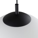 Czarna lampa wisząca Esme D30 z białym kloszem, z metalowym mocowaniem. Ujęcie z góry, pokazujące detal górnej części lampy oraz przewód. Prosta forma, matowa powierzchnia. Wymiary klosza nieokreślone.