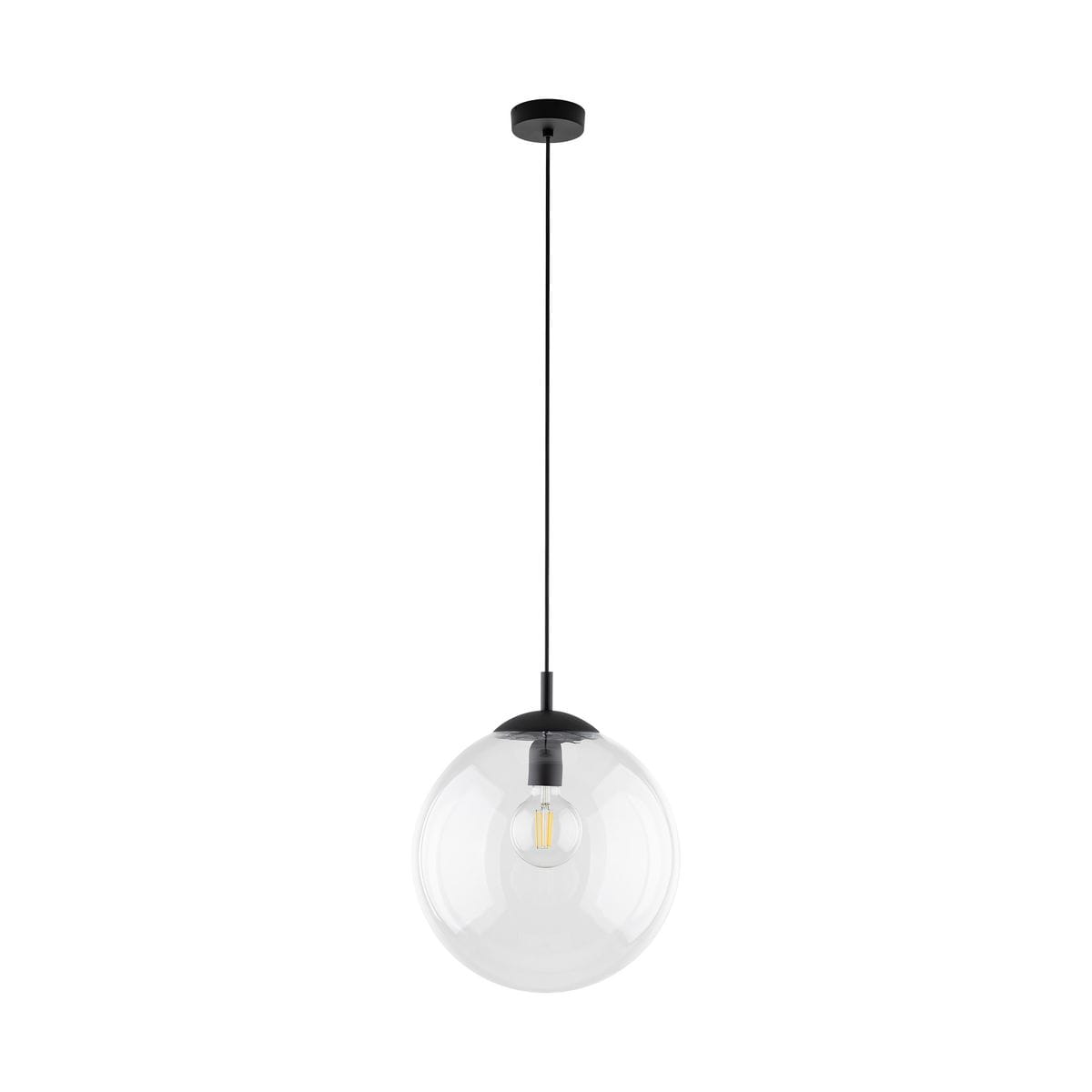 Lampa wisząca Esme D35 z pojedynczym gniazdem E27, z czarnym metalowym mocowaniem i przezroczystą, okrągłą kloszem. Produkt zawieszony na cienkim czarnym przewodzie, widoczny w frontalnym ujęciu na białym tle.