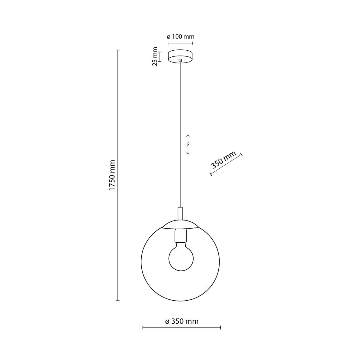 Lampa wisząca Esme D35 z oprawą E27 w kolorze czarnym i transparentnym, o średnicy 350 mm, zawieszona na przewodzie o długości 1750 mm. Posiada okrągły klosz z centralnym źródłem światła.
