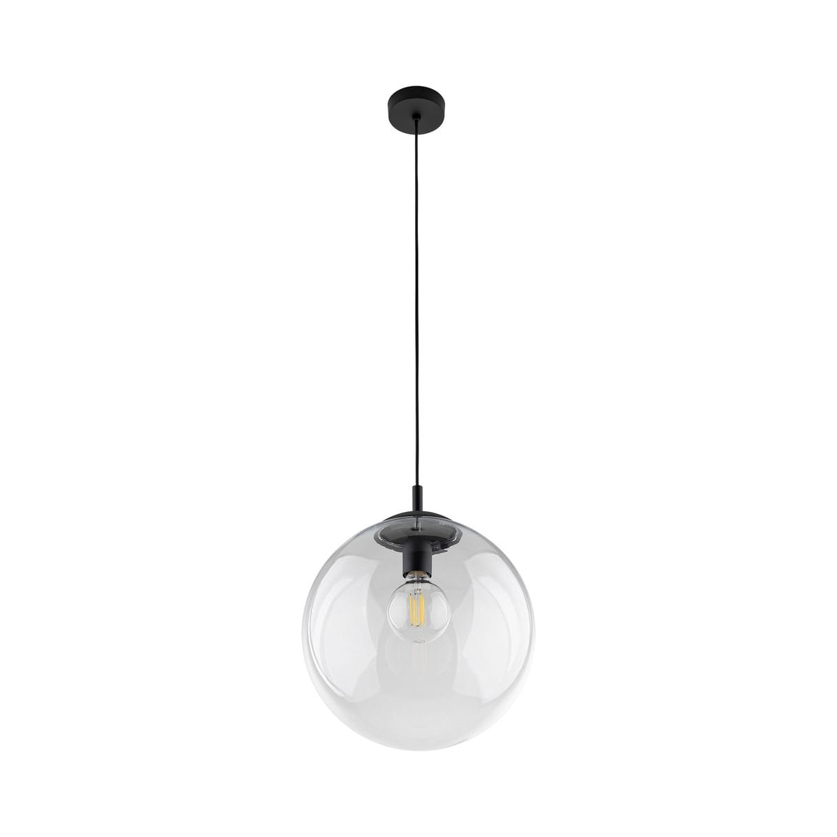 Lampa wisząca Esme D35 z czarnym metalowym uchwytem i przezroczystym kloszem w kształcie kuli. Zawieszona na cienkim czarnym przewodzie, z miejscem na żarówkę E27. Prosta, nowoczesna forma, idealna do różnych aranżacji wnętrz.