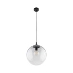 Lampa wisząca Esme D35 z czarnym metalowym uchwytem i przezroczystym kloszem w kształcie kuli. Zawieszona na cienkim czarnym przewodzie, z miejscem na żarówkę E27. Prosta, nowoczesna forma, idealna do różnych aranżacji wnętrz.