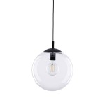 Lampa wisząca Esme D35 z czarnym metalowym mocowaniem i przezroczystą szklaną kulą, w której widoczna jest żarówka E27. Produkt zawieszony na czarnym przewodzie, prezentujący nowoczesny design.