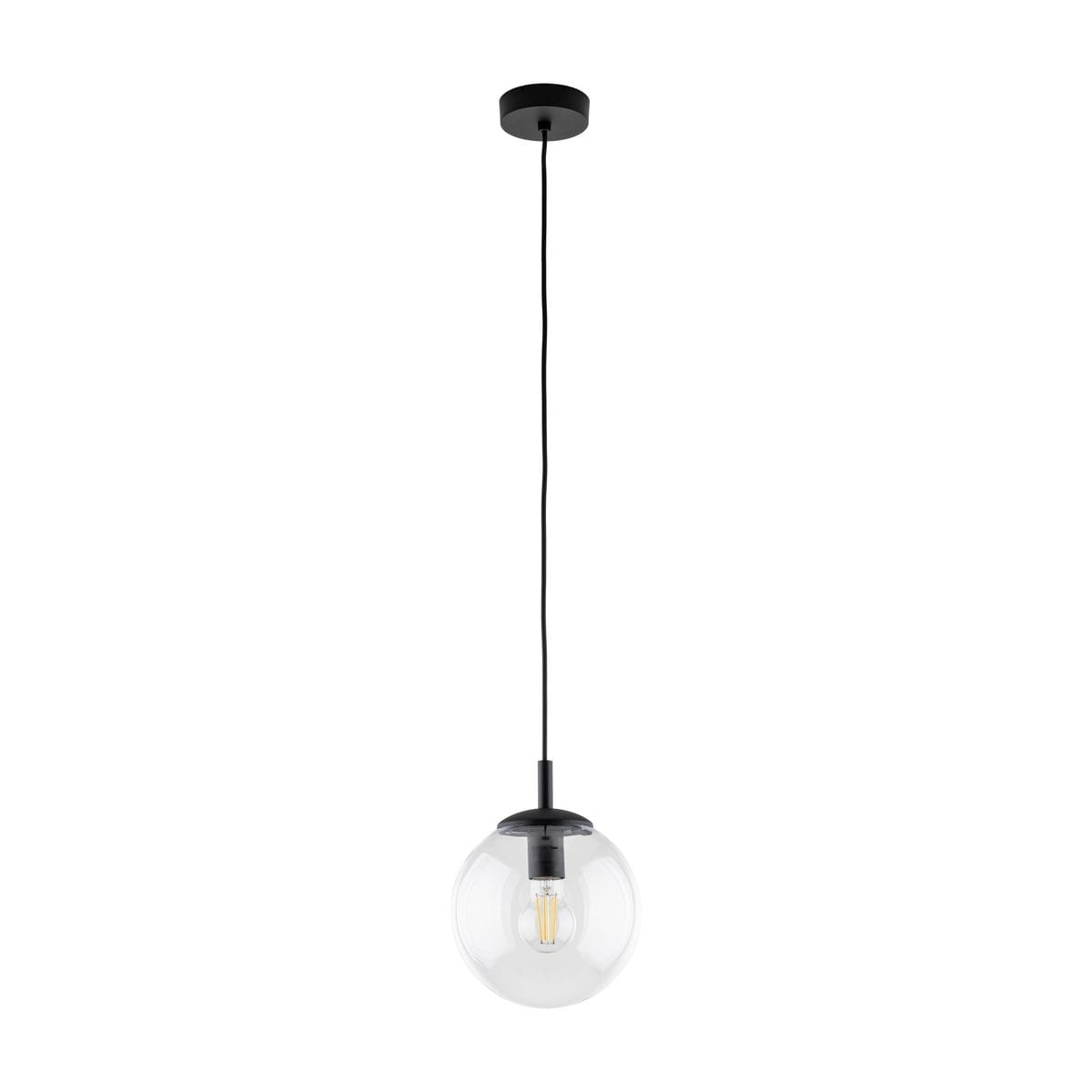 Lampa wisząca Esme D30 z czarnym metalowym mocowaniem i przezroczystym szklanym kloszem w kształcie kuli. Zawieszona na długim czarnym przewodzie, z miejscem na żarówkę E27. Prosta i nowoczesna forma, idealna do różnych wnętrz.
