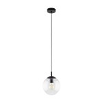 Lampa wisząca Esme D30 z czarnym metalowym mocowaniem i przezroczystym szklanym kloszem w kształcie kuli. Zawieszona na długim czarnym przewodzie, z miejscem na żarówkę E27. Prosta i nowoczesna forma, idealna do różnych wnętrz.