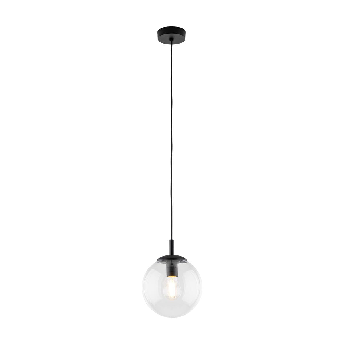 Lampa wisząca Esme D30 z jednym gniazdem E27, o czarnej metalowej podstawie i przezroczystym, okrągłym kloszu. Zawieszona na czarnym przewodzie. Prosty, nowoczesny design, idealna do różnych aranżacji wnętrz.