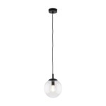 Lampa wisząca Esme D30 z jednym gniazdem E27, o czarnej metalowej podstawie i przezroczystym, okrągłym kloszu. Zawieszona na czarnym przewodzie. Prosty, nowoczesny design, idealna do różnych aranżacji wnętrz.