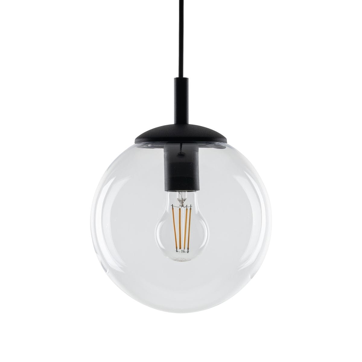 Lampa wisząca Esme D30 z czarnym montażem i transparentnym kloszem w kształcie kuli, z widoczną żarówką E27 w środku. Produkt zawieszony na cienkim, czarnym przewodzie. Idealna do nowoczesnych wnętrz.