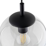 Lampa wisząca Esme D30 z czarnym metalowym mocowaniem i przezroczystym kloszem. Widoczny gwint E27 z żarówką o widocznych włóknach. Kąt ujęcia z góry, ukazujący detal konstrukcji.