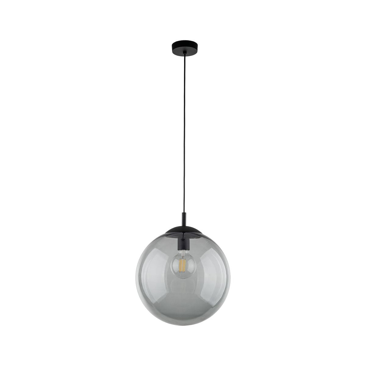 Lampa wisząca Esme D35 z czarnym/grafitowym wykończeniem. Okrągła, przezroczysta klosz z szarego szkła, zawieszona na cienkim przewodzie. E27, idealna do nowoczesnych wnętrz.