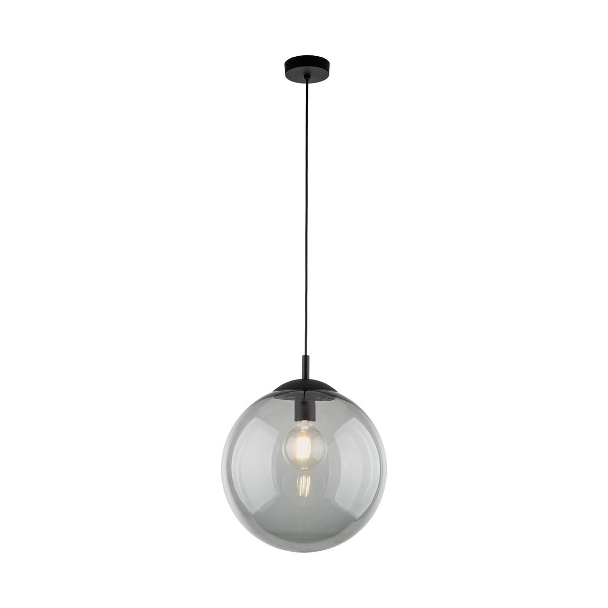 Lampa wisząca Esme D35 z jedną żarówką E27, w kolorze czarnym i grafitowym. Okrągła, przezroczysta klosz z ciemnego szkła, zawieszona na cienkim, czarnym przewodzie. Ujęcie z góry, pokazujące stylowy design i funkcjonalność oświetlenia.