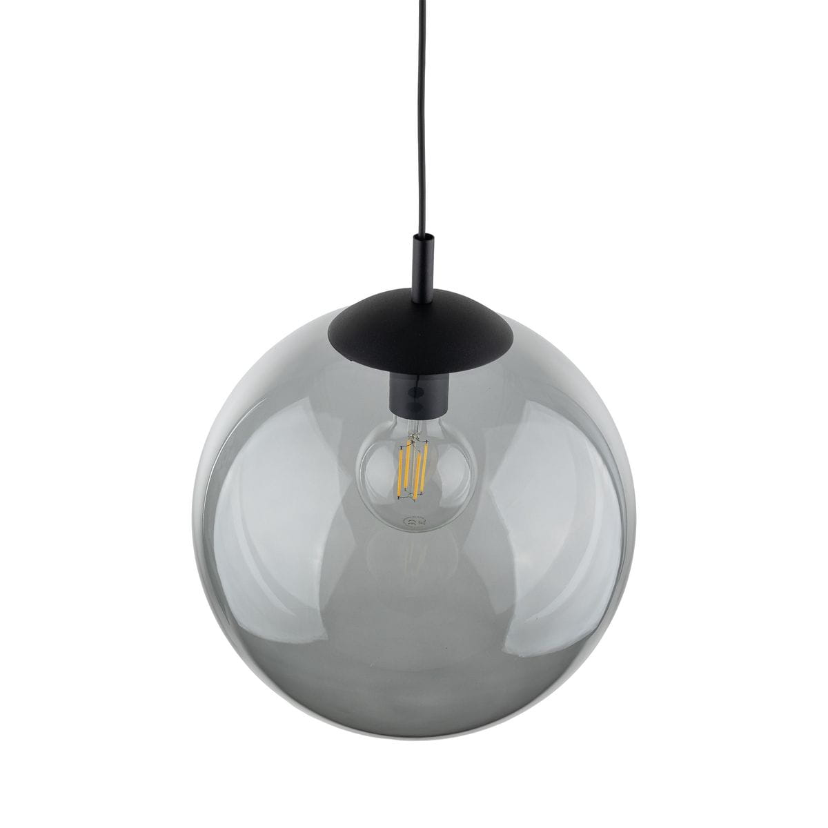 Lampa wisząca Esme D35 z jedną oprawą E27, w kolorze czarnym i grafitowym. Szklana, okrągła klosz o półprzezroczystym wykończeniu, zwisająca na czarnym kablu. Widoczna żarówka LED w środku, zawieszona w centralnej części klosza.