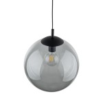 Lampa wisząca Esme D35 z jedną oprawą E27, w kolorze czarnym i grafitowym. Szklana, okrągła klosz o półprzezroczystym wykończeniu, zwisająca na czarnym kablu. Widoczna żarówka LED w środku, zawieszona w centralnej części klosza.