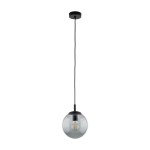 Lampa wisząca Esme D30 z pojedynczym gniazdem E27, w kolorze czarnym z grafitowym wykończeniem. Okrągła, przezroczysta kula z szarego szkła, zawieszona na długim przewodzie. Montaż sufitowy, idealna do nowoczesnych wnętrz.