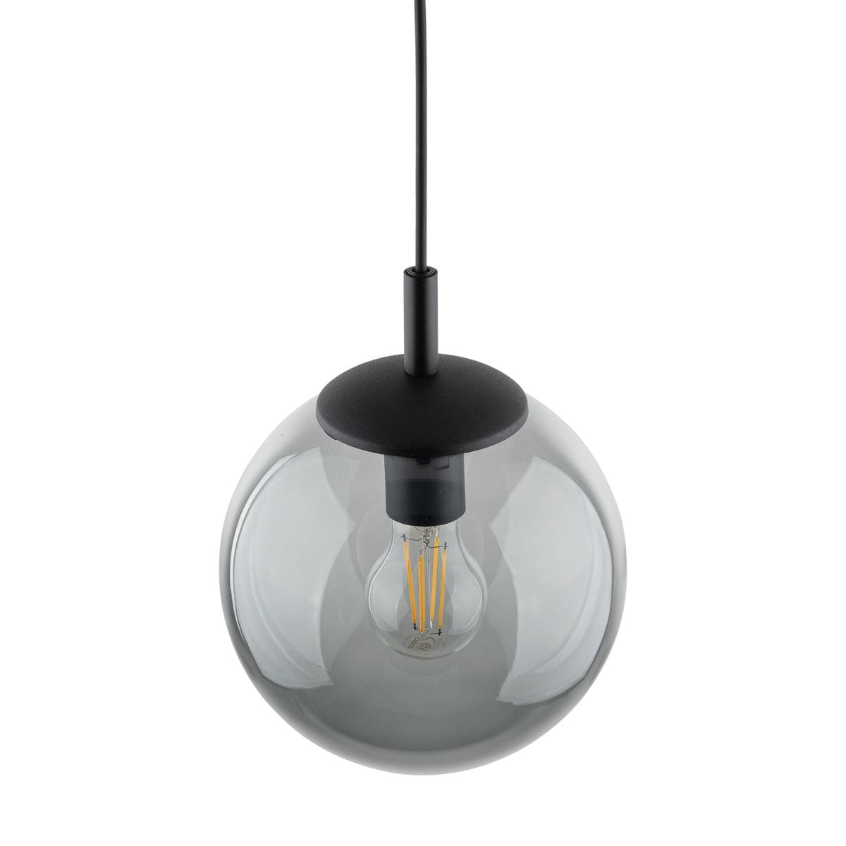 Lampa wisząca Esme D30 z oprawą w kolorze czarnym i grafitowym, z przezroczystą, szklaną kulą. Widoczny żarówka E27 z widocznymi diodami. Produkt zawieszony na cienkim przewodzie, w ujęciu z góry.
