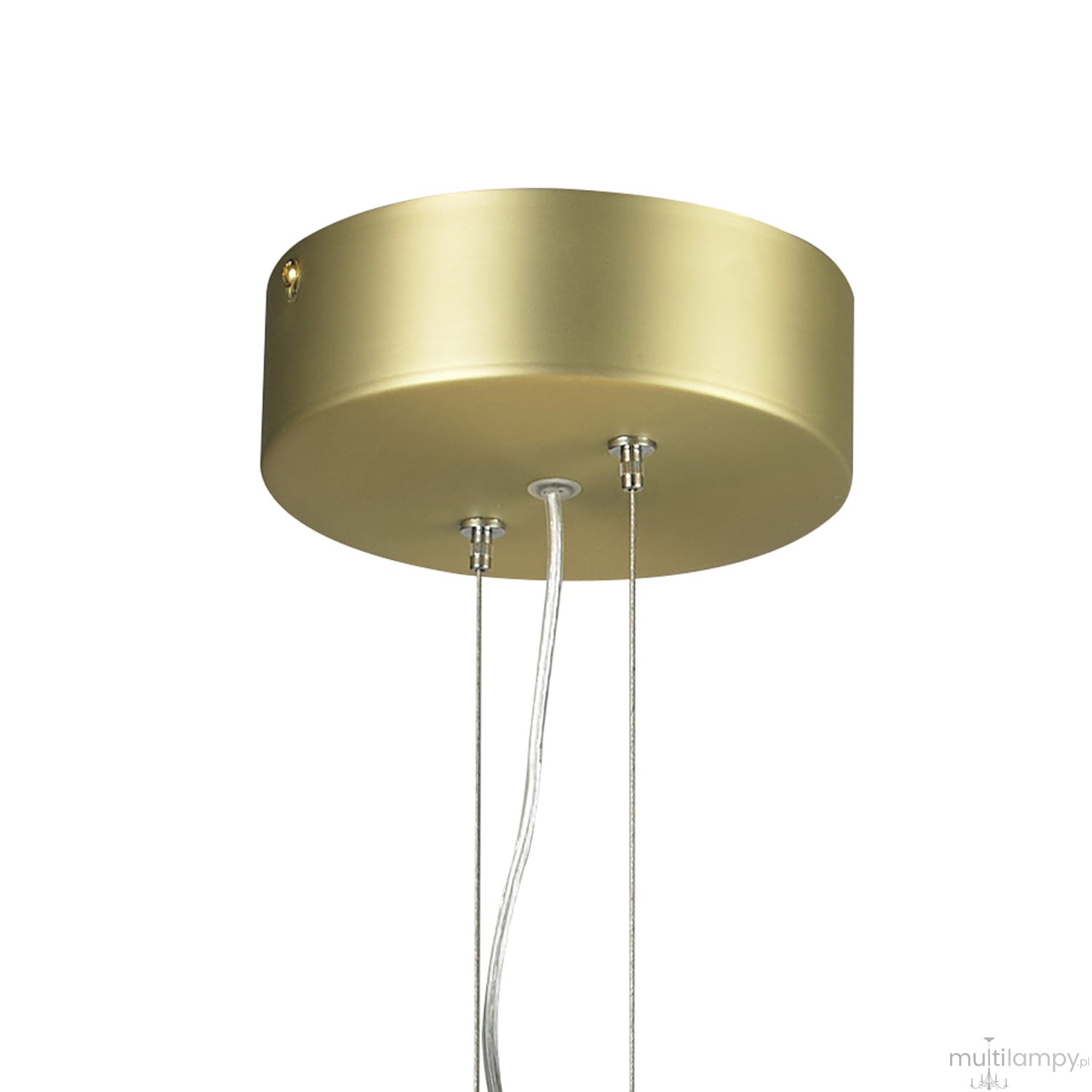 Lampa wisząca Acirculo D50 w kolorze złotym z okrągłym, metalowym kloszem. Posiada dwa przewody mocujące oraz dwa gniazda LED. Ujęcie z boku pokazuje górną część lampy, z widocznymi detalami mocowania. Idealna do nowoczesnych wnętrz.