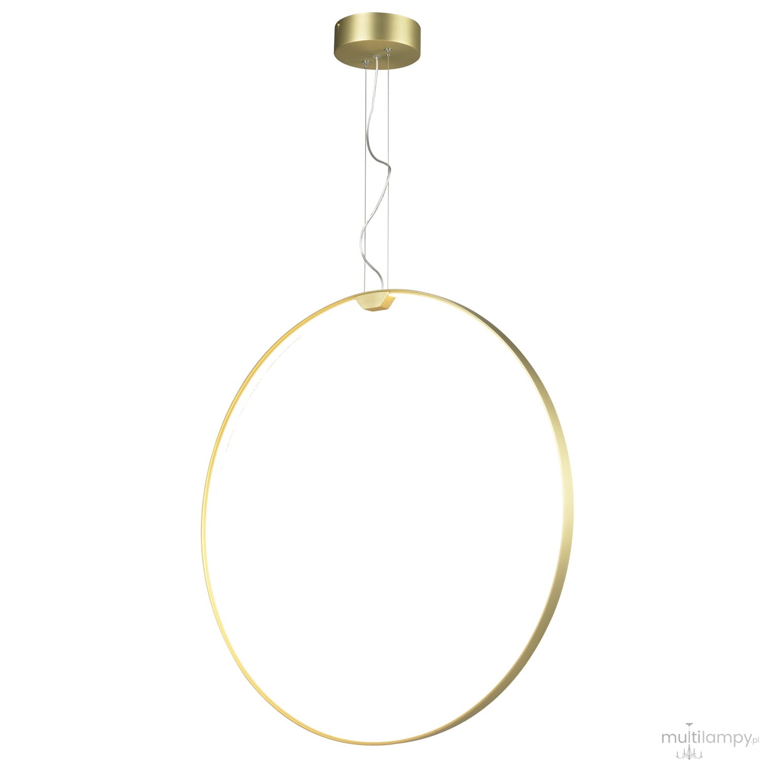 Lampa wisząca Acirculo D50 z dwoma źródłami LED o mocy 36W, w złotym kolorze. Okrągły kształt z cienkim metalowym ramieniem, zawieszona na przezroczystym przewodzie. Minimalistyczny design, idealna do nowoczesnych wnętrz.