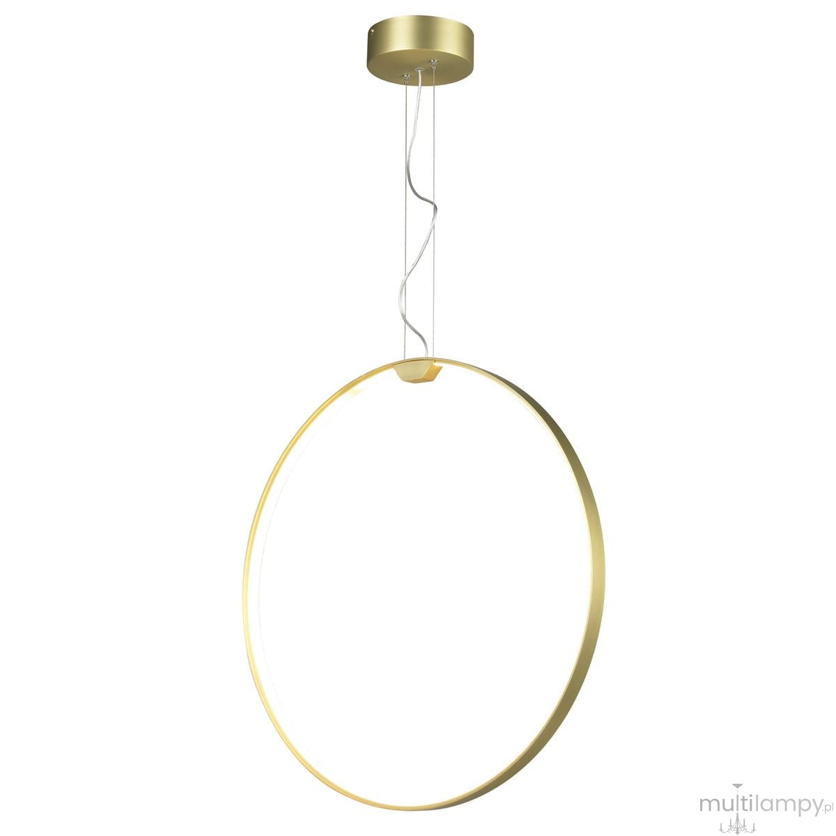 Lampa wisząca Acirculo D60 z podwójnym źródłem LED, o złotej metalowej ramie w kształcie okręgu. Zawieszona na przezroczystym przewodzie, montowana do sufitu. Stylowy design, idealna do nowoczesnych wnętrz.