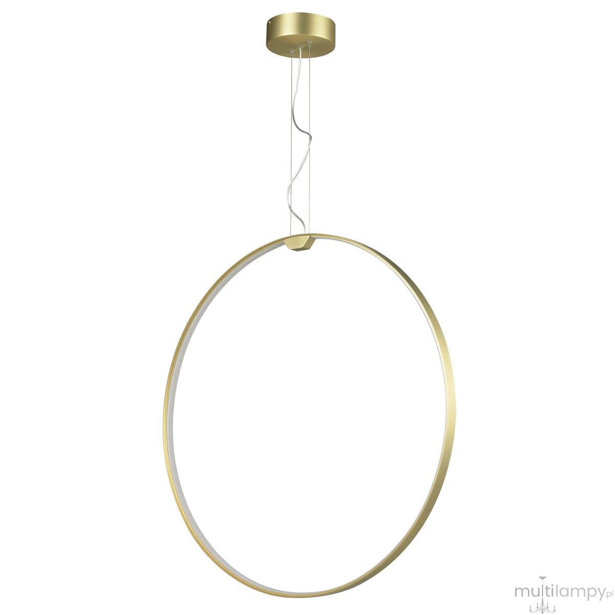 Lampa wisząca Acirculo D74 w kolorze złotym z dwoma źródłami LED o mocy 50W, w kształcie dużego, otwartego pierścienia. Zawieszona na cienkich linkach, elegancka i nowoczesna konstrukcja, idealna do różnych aranżacji wnętrz.