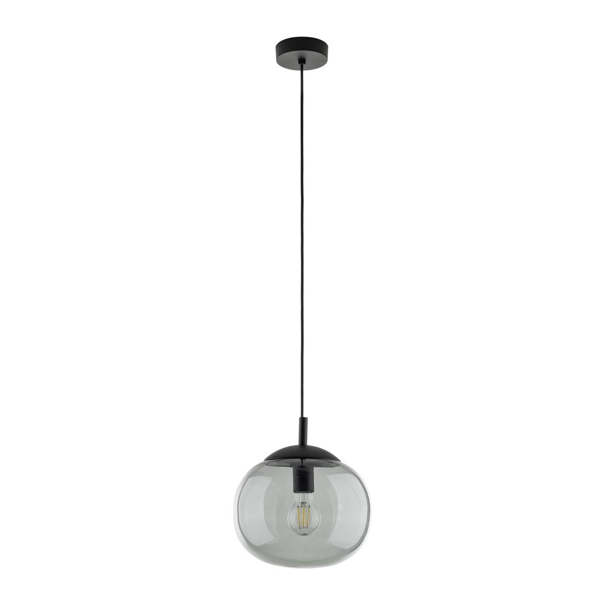 Lampa wisząca Vibe D25 z oprawą w kolorze czarnym i grafitowym. Posiada kulisty klosz ze szkła, zawieszona na cienkim czarnym przewodzie. Widoczna żarówka E27 w środku. Ujęcie frontalne, na jasnym tle.