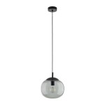 Lampa wisząca Vibe D25 z oprawą w kolorze czarnym i grafitowym. Posiada kulisty klosz ze szkła, zawieszona na cienkim czarnym przewodzie. Widoczna żarówka E27 w środku. Ujęcie frontalne, na jasnym tle.