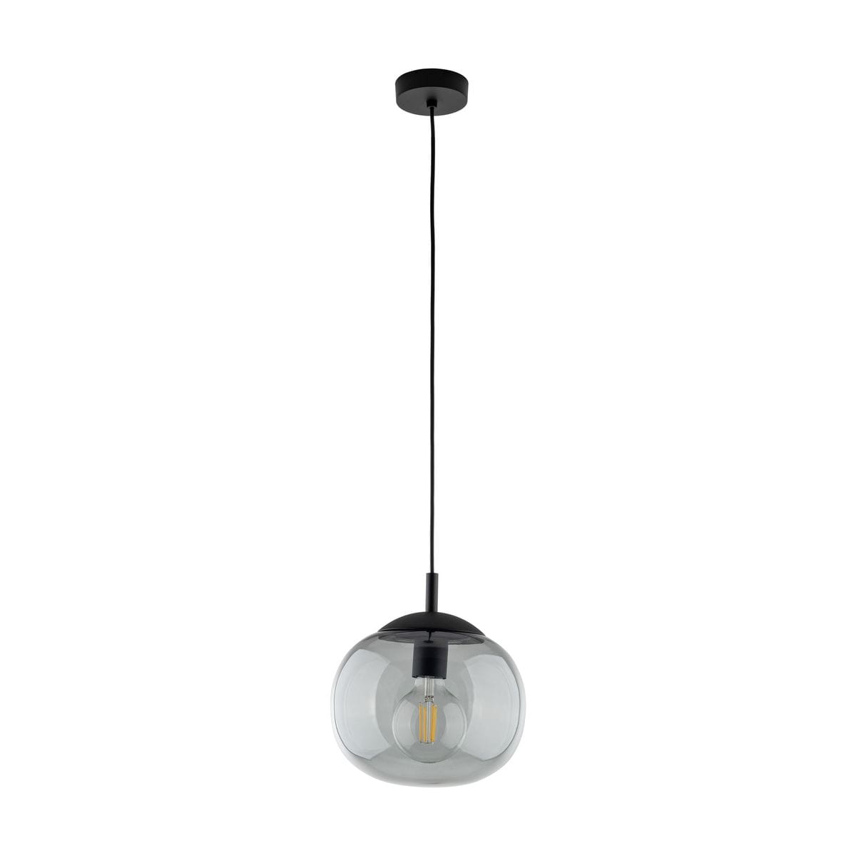 Lampa wisząca Vibe D25 z jednym gniazdem E27, w kolorze czarno-grafitowym. Okrągła, przezroczysta klosz z szarego szkła, zawieszona na czarnym przewodzie. Stropowy uchwyt w kolorze czarnym.