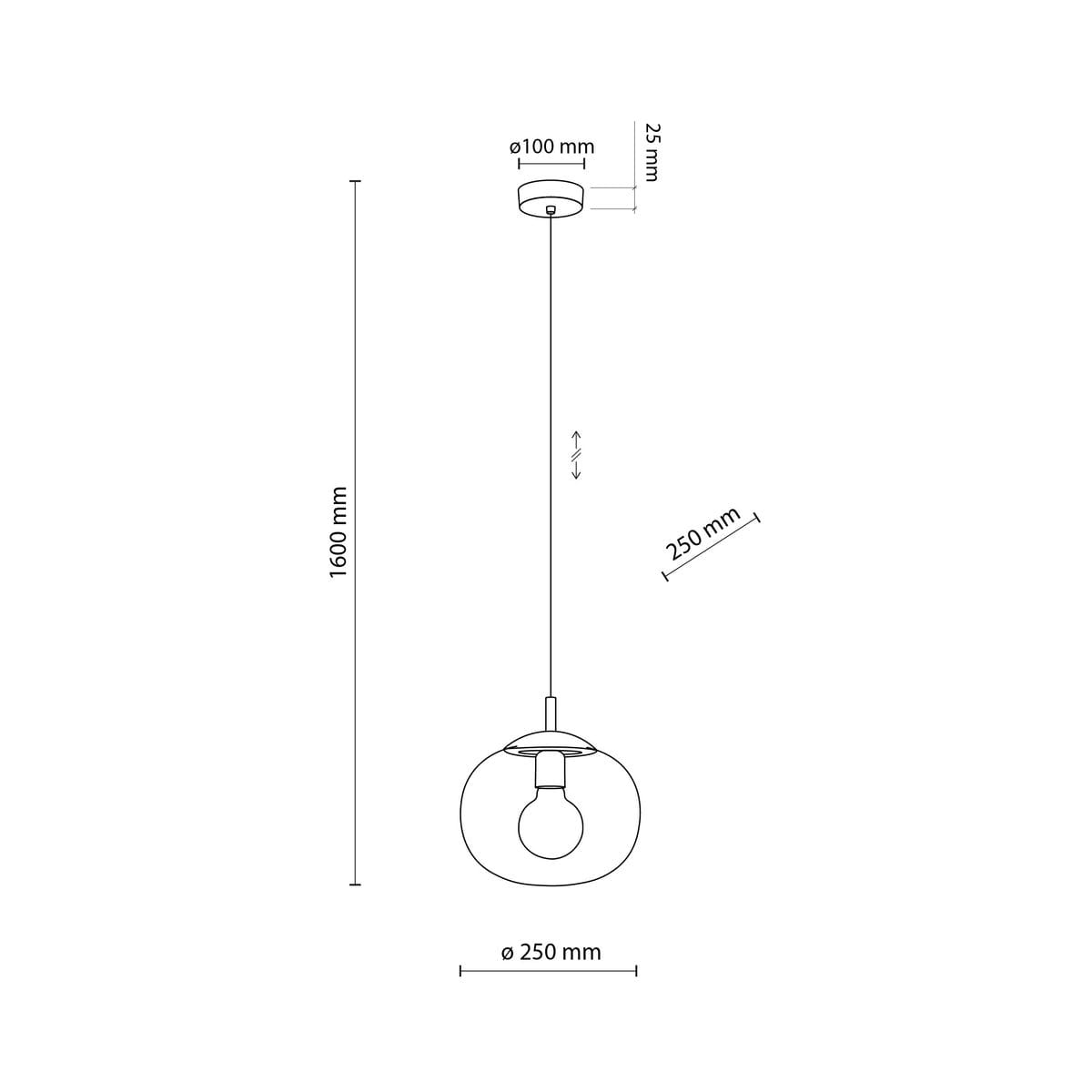 Lampa wisząca Vibe D25 w kolorze czarnym/grafitowym, z pojedynczym miejscem na żarówkę E27. Okrągły klosz o średnicy 250 mm zawieszony na cienkim przewodzie, długość 1600 mm, minimalistyczny design.