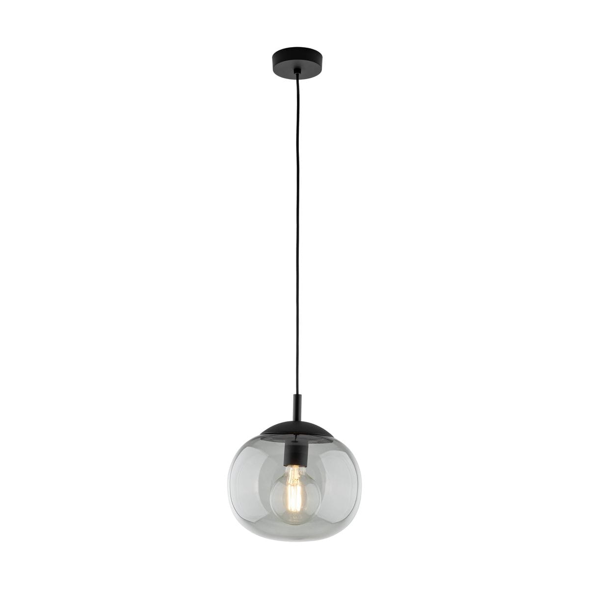 Lampa wisząca Vibe D25 z jednym źródłem światła E27, w kolorze czarnym i grafitowym, z okrągłym kloszem ze szkła w odcieniu szarym. Zawieszona na długim, czarnym przewodzie, z okrągłym mocowaniem sufitowym.