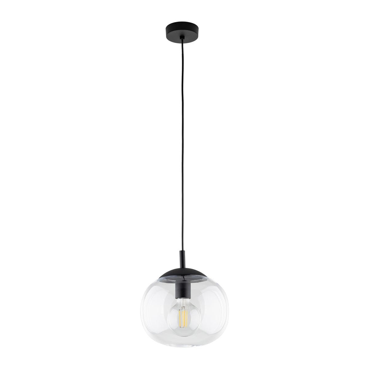 Lampa wisząca Vibe D25 z czarnym metalowym mocowaniem i przezroczystym kloszem w kształcie kuli. Zawieszona na czarnym przewodzie, z widoczną żarówką E27 wewnątrz. Prosta forma, idealna do nowoczesnych wnętrz.