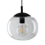 Lampa wisząca Vibe D25 z czarnym metalowym elementem u góry i transparentnym kloszem w kształcie kuli. Widoczna żarówka E27 z widocznymi żarnikami. Zawieszona na cienkim przewodzie, w lekkim zbliżeniu, na białym tle.